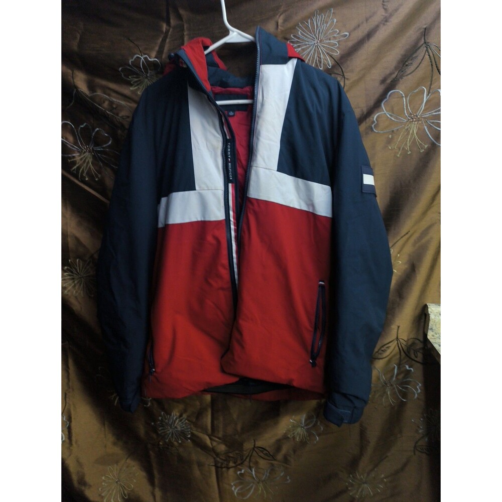 Vintage Tommy Hilfiger Jacket XL Red Navy Blue Mens Full Zip Snap Hoodie 2001
